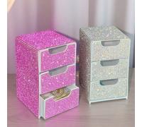 Boîte de rangement de bureau haute esthétique à 3 tiroirs entièrement ornée de strass, organisateur de bijoux et de cosmétiques, cadeaux pour femmes, cadeaux de Noël, idées cadeaux pour femmes, décora