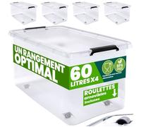 Boîte de rangement DEUBA 60 L - Lot de 4 - Plastique transparent sans BPA - Empilable avec roulettes - Gain de place