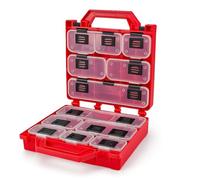Boîte de rangement double face professionnelle avec 12 compartiments amovibles pour vis, boulons, clous et petits outils, coffret robuste et portable pour atelier, garage ou bricolage (rouge)