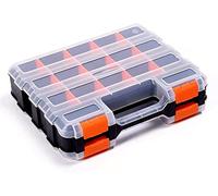 Boîte de rangement d'outils double face avec cloison amovible en plastique, boîte de rangement pour matériel, 34 compartiments, excellente pour les vis, les écrous, les petites pièces, Noir/Orange