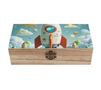 Boîte de rangement en bois à motif fusées, avec couvercle à charnière et fermeture rétro. Grande boîte à souvenirs, boîte à bijoux en bois pour loisirs créatifs, art et décoration intérieure. Idée cad