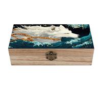 Boîte de rangement en bois inspirée de la mythologie japonaise, avec couvercle à charnière. Cadeau vintage en bois naturel. Boîte à bijoux décorative et rustique. Dimensions : 20 cm (L) x 10 cm (l) x