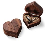 Boîte de rangement en bois pour bague de mariage avec aimant - Cadeau pour demande en fiançailles - Nom gravé - Forme de cœur - Noyer