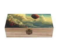 Boîte de rangement en bois sur le thème des montgolfières d'exploration, avec couvercle à charnière. Coffret cadeau vintage en bois naturel, boîte à souvenirs décorative, boîte à bijoux rustique. Di