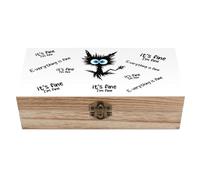 Boîte de rangement en bois « Tout va bien » avec couvercle à charnière, motif chat noir, style vintage, cadeau, bois naturel, boîte à bijoux décorative et rustique, 20 cm (L) x 10 cm (l) x 6 cm (H).