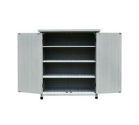 Boîte de rangement extérieure, armoire de jardin réglable en bois avec dessus galvanisé, coussinets de pieds et portes pour terrasse, véranda et solution de rangement de livraison