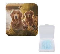 Boîte de rangement légère pour masques avec deux Golden Retrievers - Élégant et portable - Étui de protection moderne pour masque compact, Boîte de rangement pour masque, 5.1"x5.1", Moderne