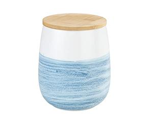 Boîte de rangement Mala 1,2 l en céramique blanche de qualité supérieure avec décor aquarelle bleu, couvercle en bambou certifié FSC® avec anneau en silicone pour rangement hermétique Ø 13 x 16 cm
