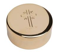 Boîte de rangement MaMeMi en LAITON doré avec gravure de CROIX d'environ 5,5 cm de diamètre, FABRIQUÉE À LA MAIN pour la conservation des HOSTIES à la maison ou à l'ÉGLISE