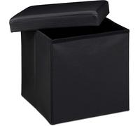 Boîte de rangement ottomane en similicuir avec couvercle, multi-usages, pliable, repose-pieds, tabouret de rangement, boîte à jouets, banc, couverture, lin (noir, taille S, 38 x 38 cm)