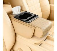 Boîte de rangement pour accoudoir de voiture multifonction en cuir synthétique, organiseur de console de voiture 5 en 1, ajustement universel avec porte-gobelet (beige)