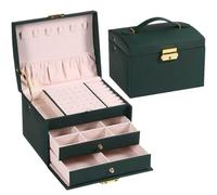 Boîte de Rangement pour Bijoux 1 pièces Multi fonctionnel trois couches en cuir tiroir Style boîte à bijoux boucles d'oreilles boucles d'oreilles serrure boîte à bijoux(Green)