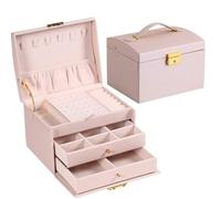 Boîte de Rangement pour Bijoux Boîte à bijoux à main à trois tiroirs, boîte de rangement de boucles d'oreilles, bagues et colliers, présentoir de bijoux en cuir PU avec serrure à clé de sécurité(Pink)