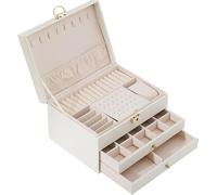 Boîte de rangement pour bijoux, similicuir, plusieurs compartiments, design à trois couches, blanc