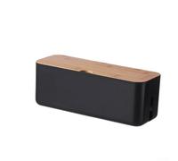Boîte de rangement pour câbles avec couvercle en bois et structure ABS ventilée pour gérer chargeurs, adaptateurs d'alimentation et lignes de données (noir)