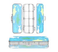 Boîte de rangement pour crayons Motif requin et poisson Bleu clair | Boîte à stylos transparente à double plateau pour fournitures de papeterie avec couvercle à pression