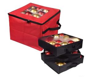 Boîte de rangement pour décorations de Noël pouvant contenir jusqu'à 48 boules de Noël avec trois plateaux amovibles et séparateurs intégrés pour une organisation sûre de la décoration de Noël (rouge)