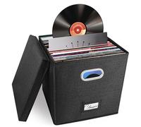 Boîte de rangement pour disques vinyles pour plus de 50 disques vinyles simples, caisse empilable en lin avec couvercle, support pliable pour collection de musique longue durée, classeur de