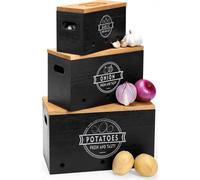 Boîte de rangement pour pommes de terre, set de 3, rangement pour pommes de terre, ail et oignon avec couvercle (Noir)