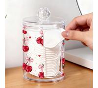 Boîte de rangement pour tampons de coton avec imprimé cerise mignon, boîte de rangement pour cotons-tiges et fil dentaire, support de tampons de coton en matériau acrylique transparent, boîte de range