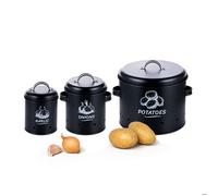 Boîte de rangement Relaxdays pour pommes de terre, oignons et ail, 3 pièces, avec couvercle et aération, métal, noir