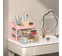 Boîte de rangement transparente pour maquillage avec plusieurs compartiments et disposition personnalisable, conçue pour stocker les essentiels de beauté en toute sécurité et proprement sur n'importe