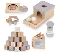 Mamabrum Boîte éducative Montessori pour Enfants - 6 Jeux éducatifs en Bois, hochet, Blocs, Machine, hérisson et Livre en Bois