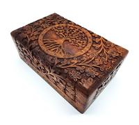 Boîte en bois faite à la main - Taille L - Avec arbre de vie - Pour ranger des bijoux - Famille spiritualité - Style de vie de l'Inde (taille L 20 x 12,5 x 7,5 cm - Poids : environ 700 g)