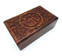 Boîte en bois faite à la main - Taille L - Avec symbole Mantra Om Aum pour cadeau - Rangement de bijoux - Spiritualité Lifestyle Inde (taille L 20 x 12,5 x 7 cm - Poids : environ 600 g)