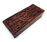 Boîte en bois faite à la main - Taille S - Avec symbole Mantra Om Aum pour cadeau - Rangement de bijoux - Spiritualité Lifestyle Inde (taille S 13,5 x 5,5 x 3,5 cm - Poids : environ 130 g)