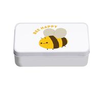 Boite en Métal Blanc - Abeille Bee Happy Illustration Humour Mignon - 11 x 18,5 x 5,5 cm - Boite de rangement, clé, outils, boite à Lunch, Sucre, Biscuit
