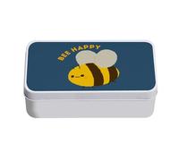Boite en Métal Bleu - Abeille Bee Happy Illustration Humour Mignon - 11 x 18,5 x 5,5 cm - Boite de rangement, clé, outils, boite à Lunch, Sucre, Biscuit