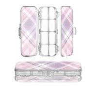 Boîte en plastique pour crayons Rose pastel et violet Tartan Plaid | Boîte à stylos à double étage pour l'école avec couvercle à pression