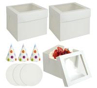 Boite Gateau Carton avec Fenêtre - 3 Pièces Boîtes Layer Cake avec Plateaux à Gâteau et des Chapeaux D'anniversaire, Blanc Boite a Gateau pour Transporter et Conserver des Gâteaux, Cadeaux, Beignets