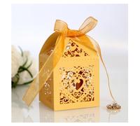 Boite Kraft Coffrets cadeaux Kraft 20 pièces/ensemble coeur d'amour découpé au Laser chariot creux faveurs boîtes à biscuits bonbons avec ruban fournitures de fête mariage(Yellow)