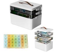 Boite Pharmacie à 3 niveaux - Boîte Medicaments Rangement Portable avec 7 jours et 4 fois par jour - Boîte à médicaments avec couvercle pour la maison, le bureau, la voiture