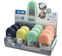 Milan Display Box 12 Erasers With Pencil Sharpener Capsule Silver Clair