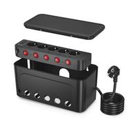 Boite Rangement Cable avec Prise Multiple, Boite Cache Cable Multiprise USB, Cache Multiprise 5 Prises avec Interrupteur Individuel, Parafoudre et Surtension, Rallonge Electrique 1,5m, Noir