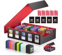Boîte rangement cartes MTG avec vitrine Commander, 3900+ cartes, deck box 5 compartiments avec couvercle amovible, organiseur TCG PTCG cartes sport, compatible Toploader, 50 séparateurs (Rouge)