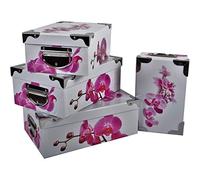 Boite Rangement Carton Avec Couvercle | Lot De 4 Boites | Imprimé Orchidée avec Angles et Poignées en Métal. Tailles : 23x15x9,25x16,5x10,27x18x10,5,29x20x11cm