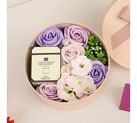 Boîte Ronde avec Fleur de Rose Artificielle et Bougie parfumée Naturelle, Fleur Coffret Cadeau Savon Artificiel Rose Préservé, Fleurs Femmes pour la Saint-Valentin, journée de la Femme. (Mauve)