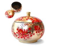 Boîte Ronde en Bois Laqué Doré Ø10,5cm, Fleur de Cerisier Rouge, Fait Main - Coffret à Bijoux de Rangement pour Bague, Bracelet, Collier - Décoration Asiatique (S38-108)