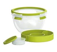 Emsa Boîte à Salade avec 2 Compartiments Pratiques et Couvercle, Boîte à Salade, Volume : 1 Litre, Transparent/Vert, Clip & Go, 518097