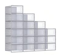 Boîtes à Chaussures, Lot de 18, Rangement Chaussures, Pliable, pour Pointure jusqu'à 44, Transparent et Gris 33,5 x 23,2 x 14,3 cm Caractéristiques :Couleur : Transparent, grisMatériaux : Boîte en pla