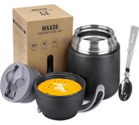 Boîtes Alimentaires Isothermes 500ml, Boîte Isotherme Repas Chaud Porte-Aliments en Acier Inoxydable à Double Couche, Thermoisolant Boîte avec Cuillère Pliante pour Ecole, Bureau, Noir