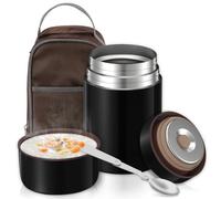 Boîtes Alimentaires Isothermes 800 ml, Boite Isotherme Repas Chaud en Acier Inoxydable avec Sac à Lunch et Cuillère Pliante, Thermos Alimentaire Chaud pour Ecole, Bureau, Camping, Noir