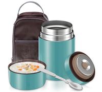 Boîtes Alimentaires Isothermes 800 ml, Boite Isotherme Repas Chaud en Acier Inoxydable avec Sac à Lunch et Cuillère Pliante, Thermos Alimentaire Chaud pour Ecole, Bureau, Camping, Vert Aquatique