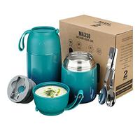 Boîtes Alimentaires Isothermes Set 500ml+700ml, Boîte Isotherme Repas Chaud en Acier Inoxydable avec Cuillère, Thermoisolant Boîte Récipient Thermique sans BPA pour Ecole Bureau(Bleu Vert)