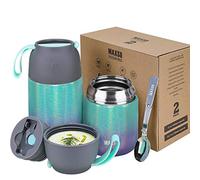 Boîtes Alimentaires Isothermes Set 500ml+700ml, Boîte Isotherme Repas Chaud en Acier Inoxydable avec Cuillère, Thermoisolant Boîte Récipient Thermique sans BPA pour Ecole Bureau(Vert Rose)