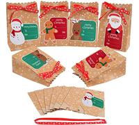 Boîtes Cadeau de Noël en Papier Kraft, MonQi 24Pcs Boite Cadeau de Noel avec 24 Etiquettes Nom et Rubans, Boite Cadeaux Noel, Sac Cadeau en Papier Kraft Noël
